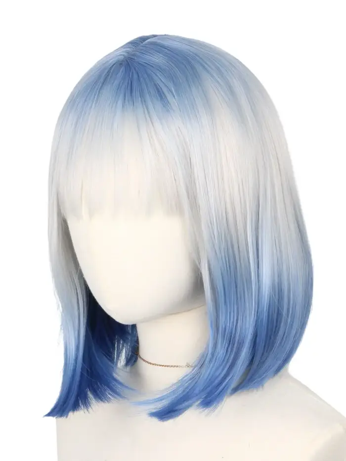 Perruque Bob dégradée bleu-blanc-bleu, couleur claire au sel de mer. Cheveux lisses, aucun look faux