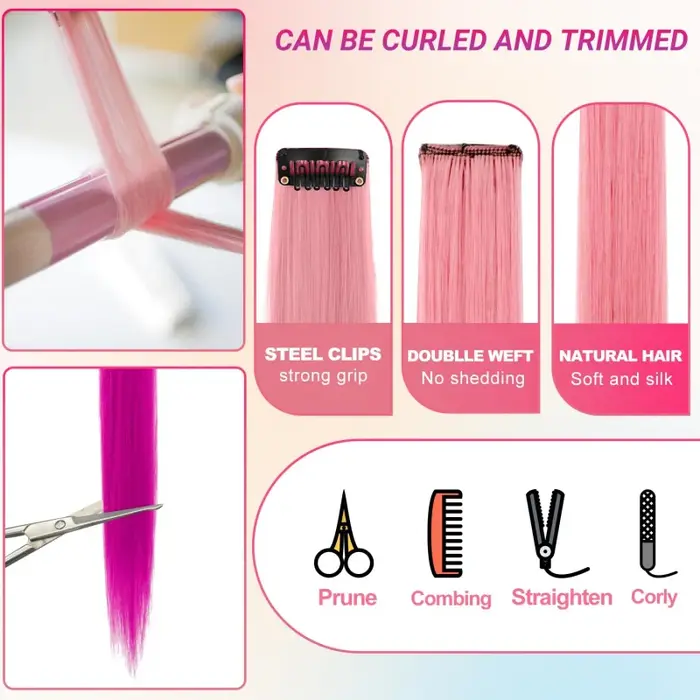 Extensions capillaires synthétiques à clips multicolores, postiches arc-en-ciel de 22 pouces pour fi