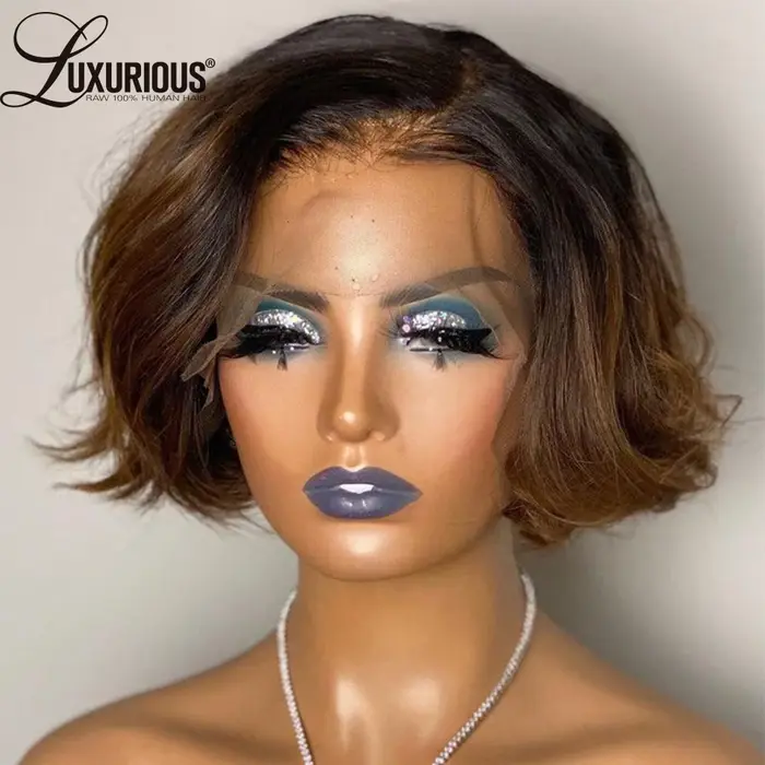 Ombre # Perruques courtes style pixie brun 1B pour femmes, cheveux humains, densité 250, ondulées, b
