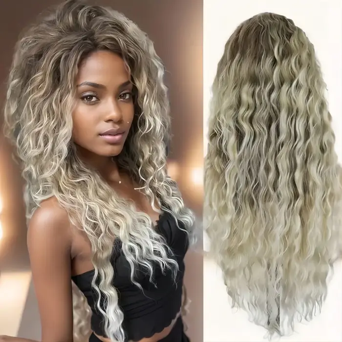Perruque bouclée synthétique longue ondulée Ombré Blonde pour femmes