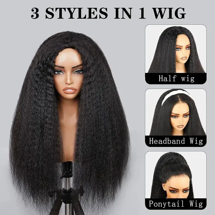 Perruque mi-tête Kinky Straight en cheveux humains, sans colle, prête à porter, 3-en-1, avec cordon 