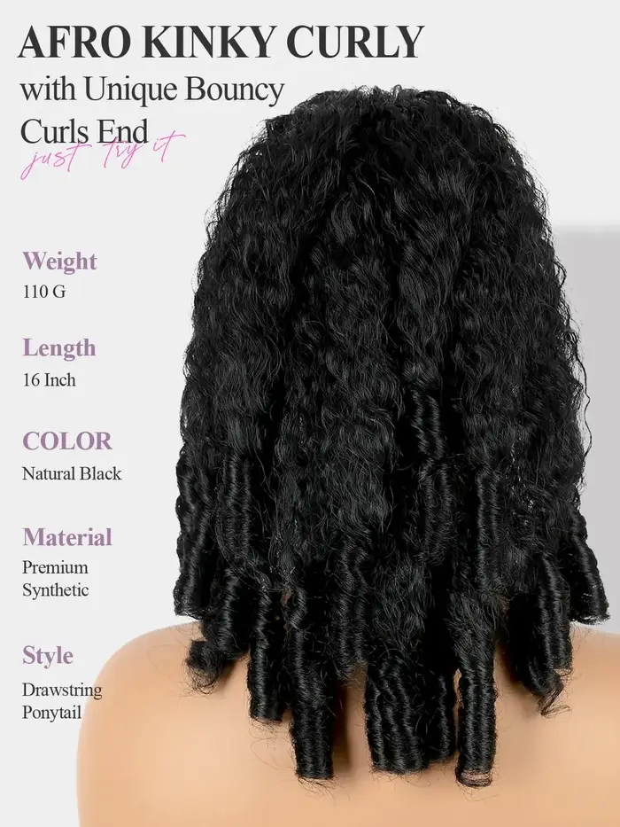 Extension de queue de cheval afro bouclée crépue 12-18 pouces avec cordon de serrage et boucles rebondissantes uniques