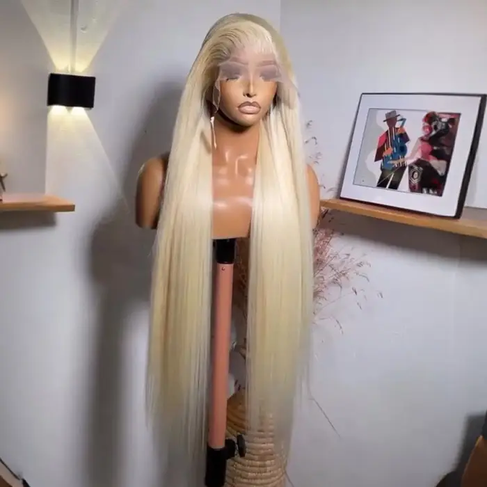 Perruque Lace Front Wig synthétique couleur blond miel 613, 13x4, lisse, pre-plucked, nœuds décoloré