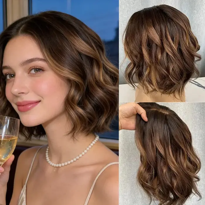 Perruque synthétique pour femme, cheveux bruns avec mèches blondes, coupe courte bob, longueur aux é