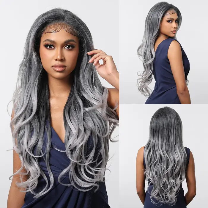 Perruque Lace Frontal Wig synthétique Afro Body Wave à reflets bruns et blonds