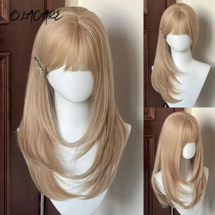 Perruque synthétique blonde droite de 20 pouces avec frange