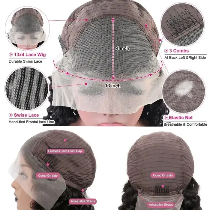 Perruque Lace Frontal Wig naturelle bouclée, cheveux humains, Deep Wave, Transparent HD, 13x 4/13x6,
