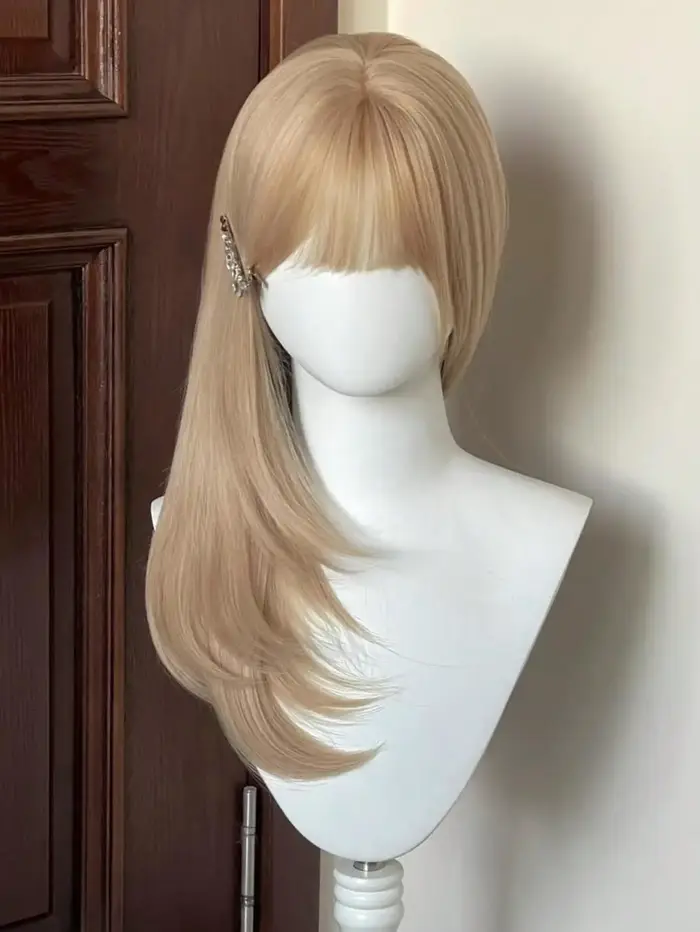 Perruque synthétique blonde droite de 20 pouces avec frange