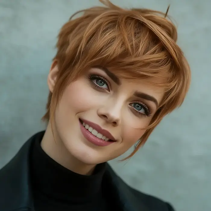 Perruque courte chic dégradée couleur auburn cuivré chaud, en cheveux humains, avec frange brossée, 