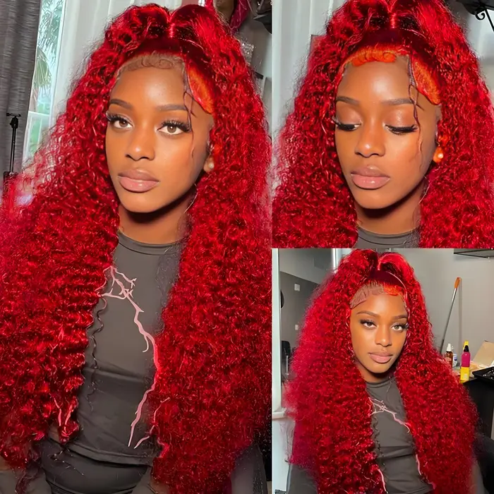 Perruques bouclées profondes rouges en cheveux humains 99J 13x4 13x6, perruque frontale en dentelle
