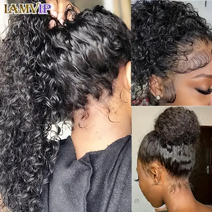 30-36 pouces 360 pleine sangle invisible cordon Sung Hd dentelle 250 densité eau crépus bouclés profonde perruque de cheveux humains noir sans colle