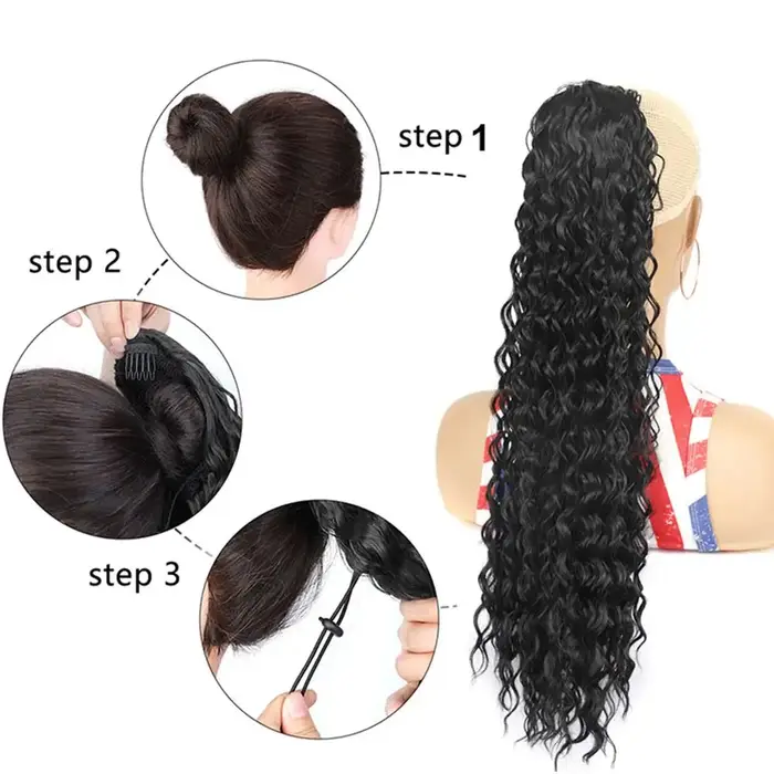 Extensions queue de cheval bouclée synthétique à Clip avec cordon de serrage