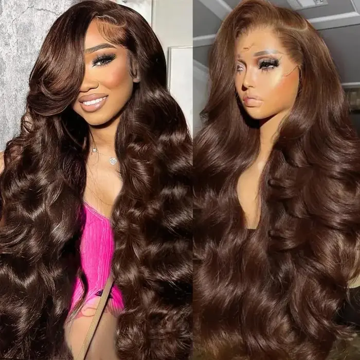 Perruques en cheveux humains ondulés brun chocolat