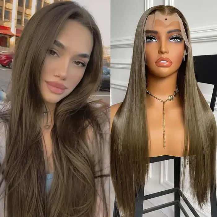 Perruque Lace Front Wig synthétique lisse et longue brune 13x4, perruque Lace Frontal Wig naturelle 