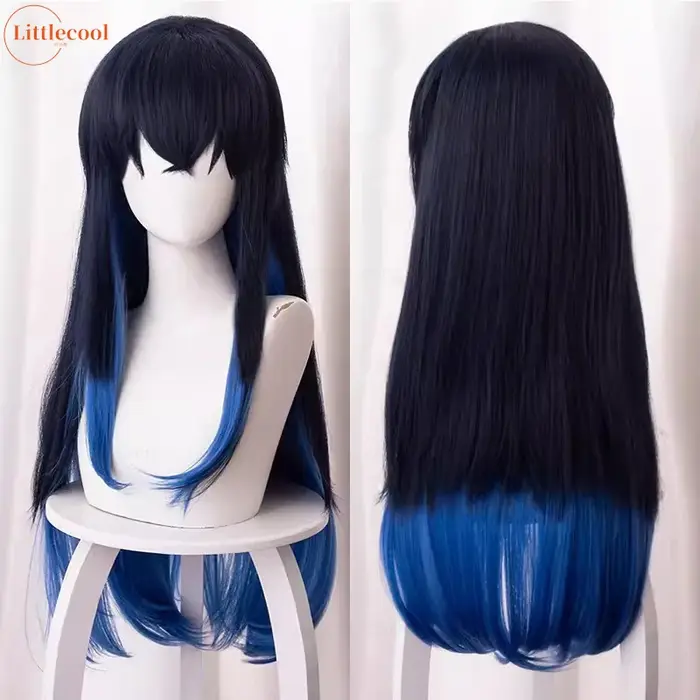 Perruque de Cosplay Hashibira Inosuke de haute qualité 70 cm longue ligne droite Ombre bleu résistant à la chaleur cheveux synthétiques Coser Anime perruques + bonnet de perruque