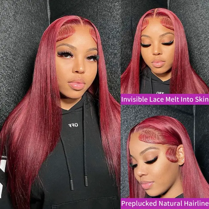Perruque Lace Front Wig naturelle brésilienne, cheveux lisses, rouge bordeaux 99J, 13x6, 30 40 pouce