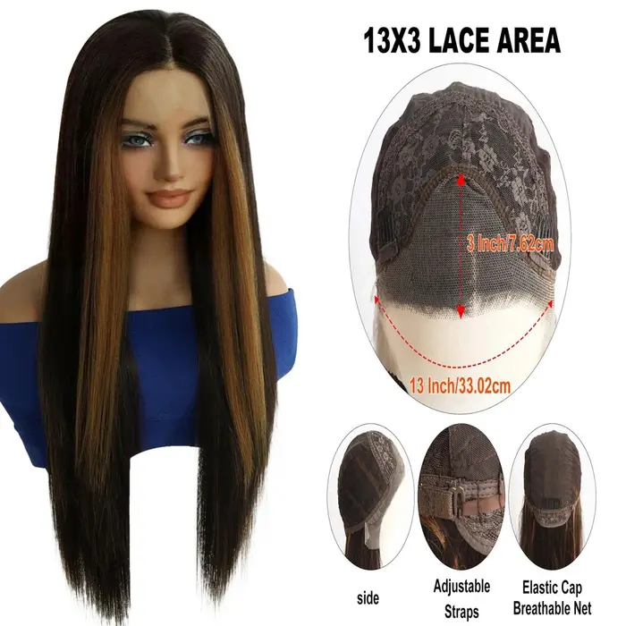  Perruque synthétique lisse avec mèches blondes et brunes, 13x3 Lace Front, résistante à la chale