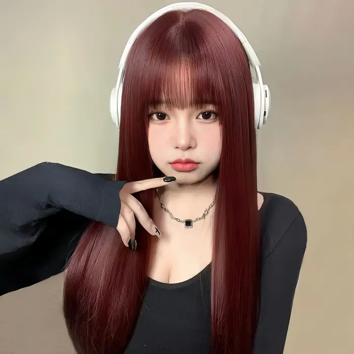 Perruque femme vin rouge cheveux longs raides bande dessinée frange tempérament réparation visage fibre synthétique