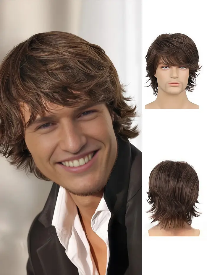 Perruque brune à couches coupées style loup pour hommes