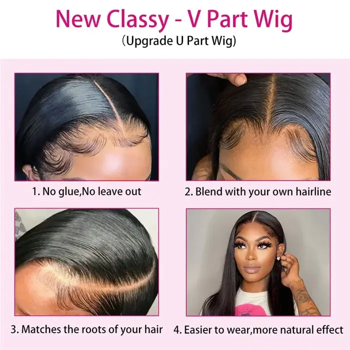 Perruques de cheveux humains lisses avec partie en V pour femmes, cheveux Remy brésiliens, couleur n