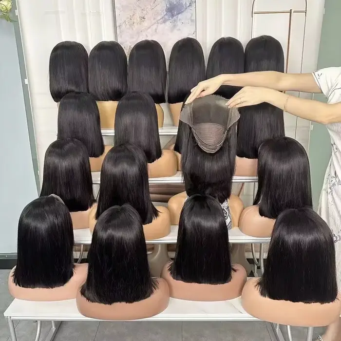 Perruque Bob en cheveux humains, densité 200%, frontale en dentelle HD 13x4, courte et droite, pré-é