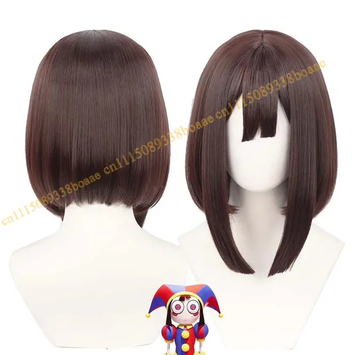 Pomni The Circus – Perruque de cosplay synthétique pour femmes, cheveux courts bruns de 38cm, style Joker, pour Halloween, Clown