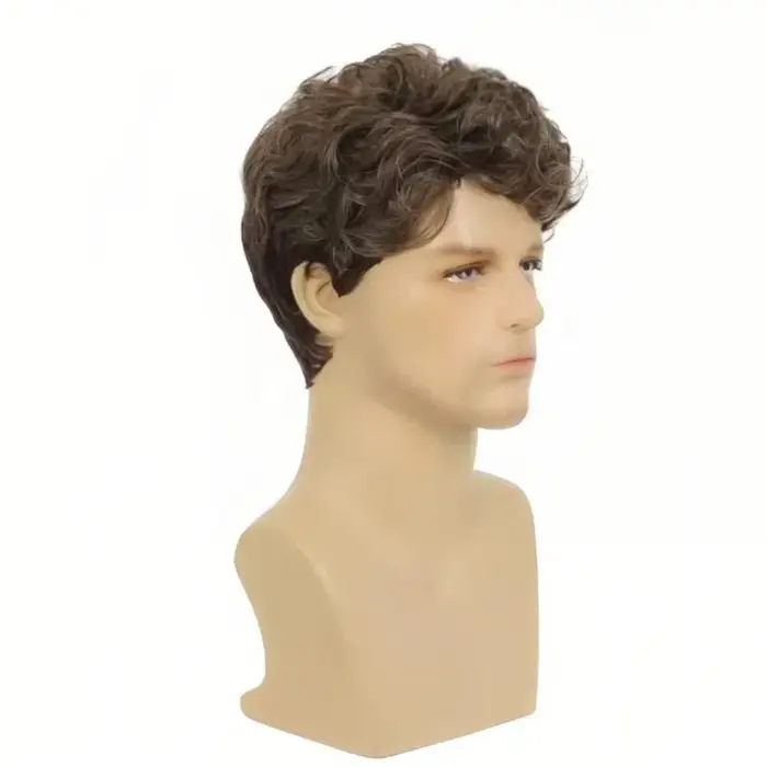 Perruque Courte Bouclée Synthétique Marron pour Hommes