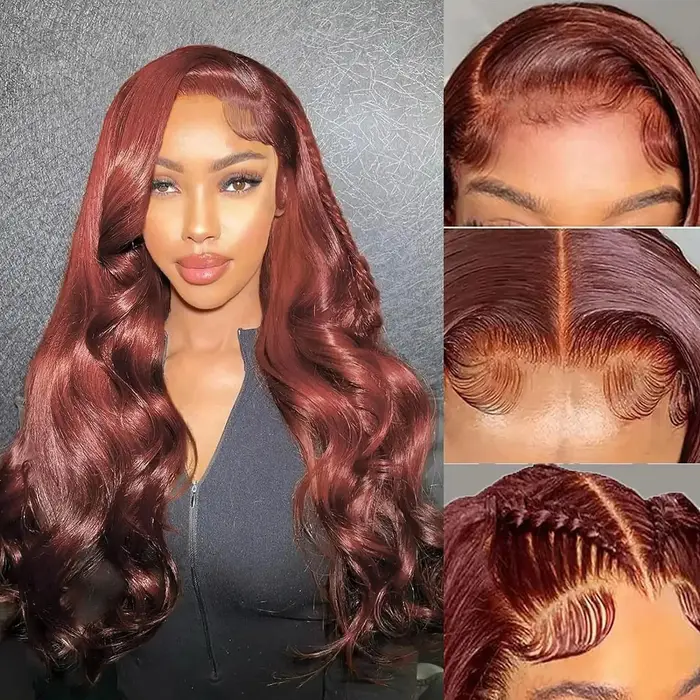 Perruque Lace Frontale 13x6 Marron Rougeâtre, Cheveux Humains Ondulés 30-40 Pouces, Perruque Lace Fr