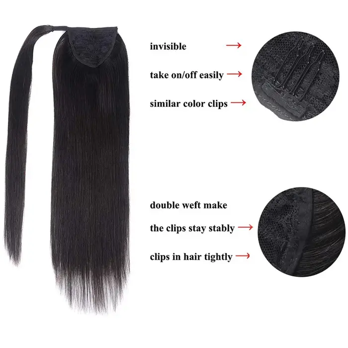 Extensions de cheveux brésiliennes pour femmes noires, queue de cheval à clipser, en cheveux humains lisses, à enrouler avec cordon de serrage