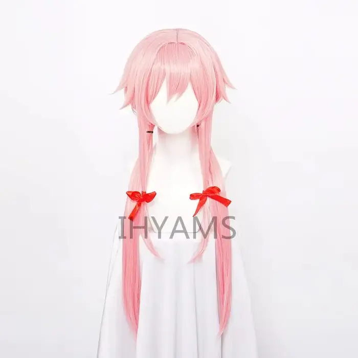 The Future Diary – perruque de Cosplay synthétique Yuno Gasai, longue et lisse, rose, avec ruban rou