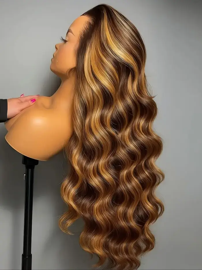 Perruques Lace Front 13x4 HD Highlight Body Wave en Cheveux Humains pour Femmes, Sans Colle, Pré-Plu