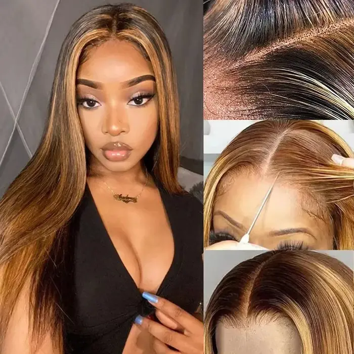 180% P4/27 Ombre brun mettre en évidence droite perruque de cheveux humains 100% cheveux humains 13x