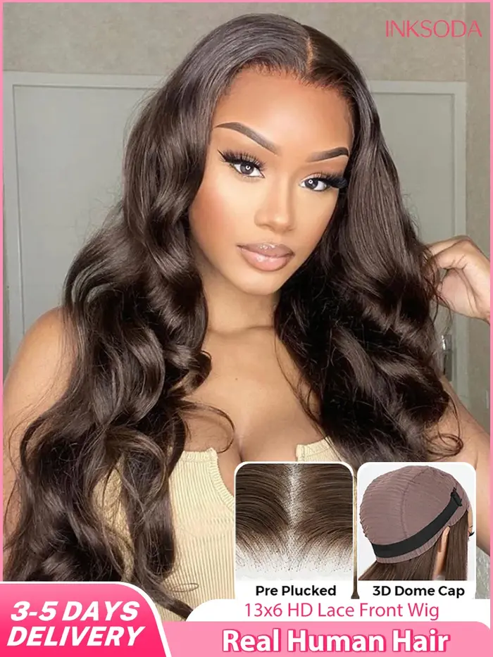 Perruque Lace Frontal Wig Body Wave brésilienne naturelle, cheveux vierges, brun chocolat, 13x4, 13x