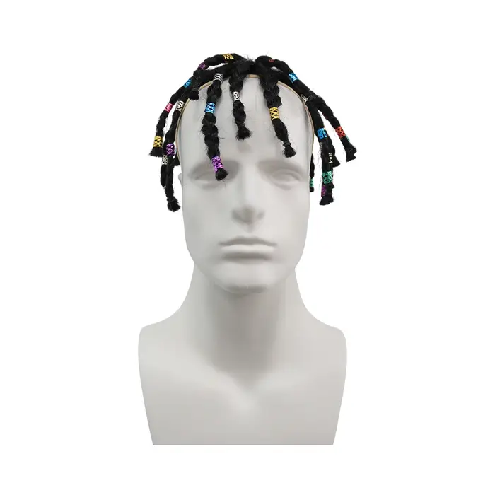 Perruque courte noire tressée avec perles colorées