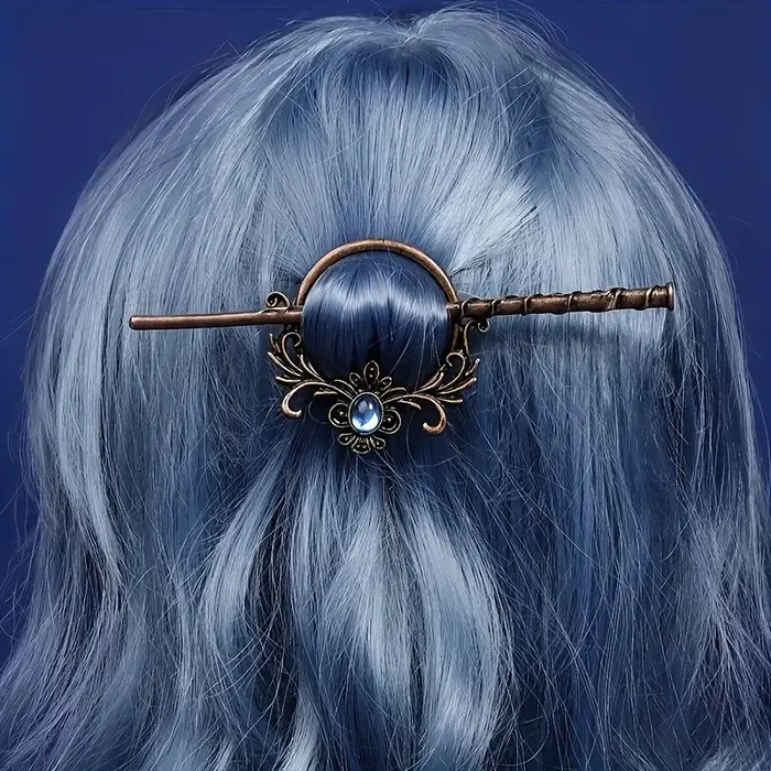 1 pièce de bâton de cheveux de style vintage : cuivre – Tonifié avec une gemme bleue et un motif floral orné