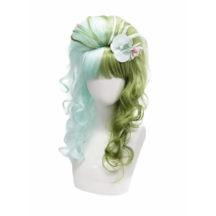 Perruque synthétique longue bouclée dégradée jaune rose double ton avec postiche florale, coiffure o