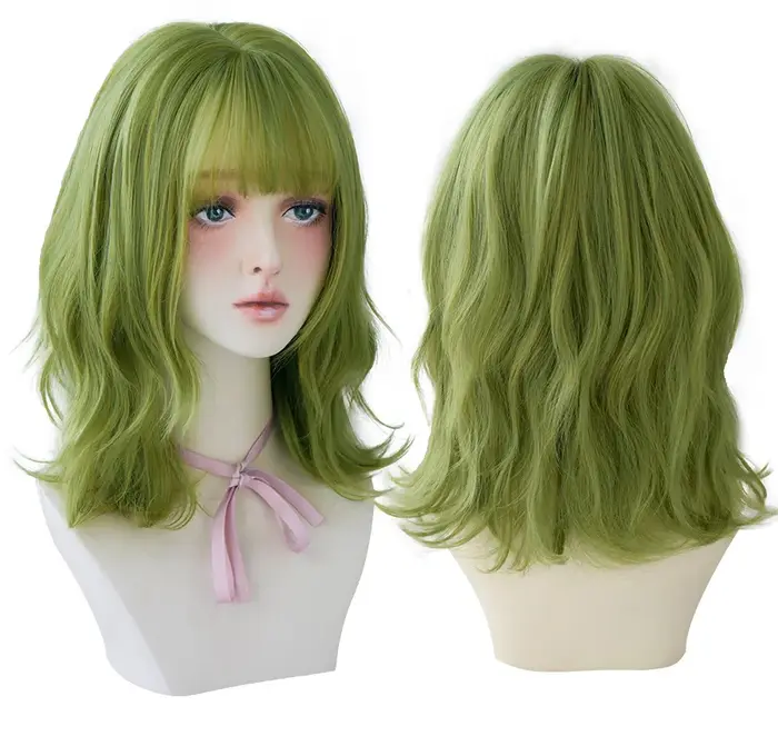 7JHH perruques vert Olive vague profonde perruque avec frange pour les femmes fête délicate Cosplay résistant à la