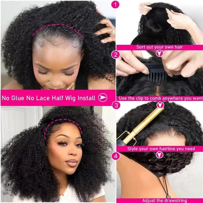 Demi-perruque de cheveux humains crépus bouclés