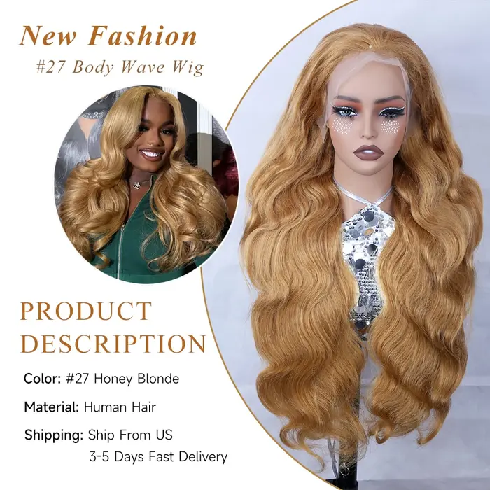 # Perruques Lace Front en Cheveux Humains Couleur Blond Miel 27, Pré-épilées, Perruque Frontale HD T