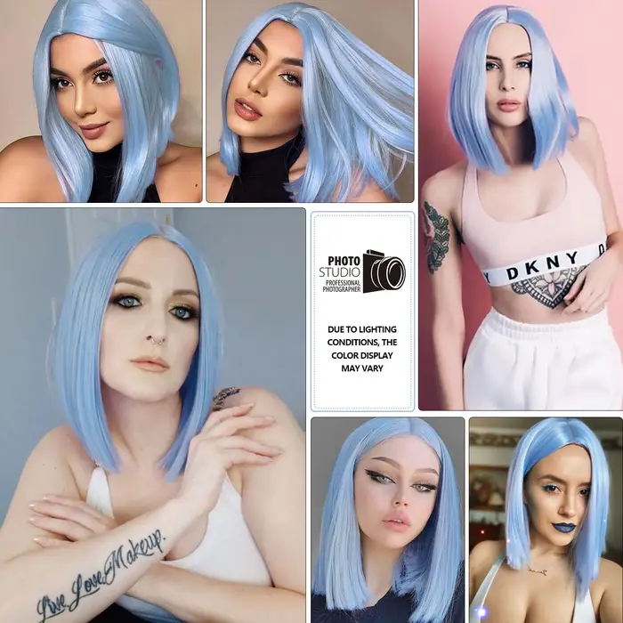 Perruque Bob synthétique courte bleu clair