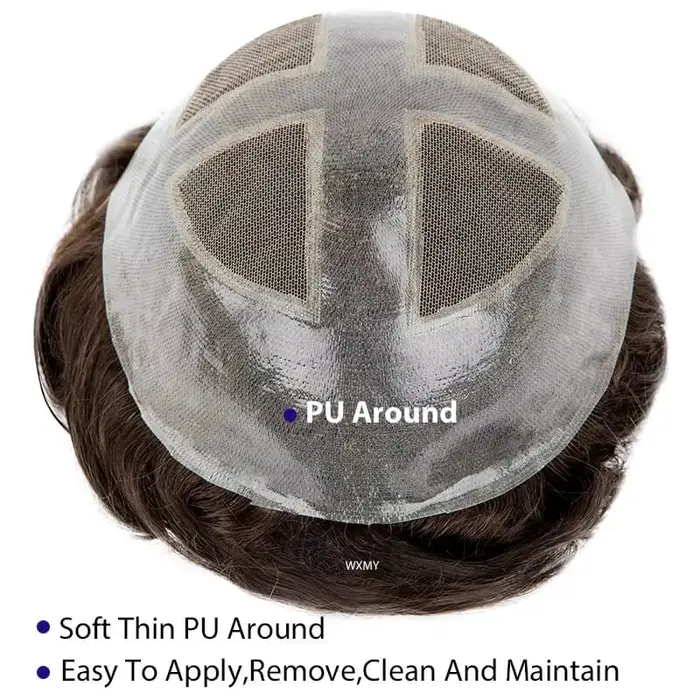 Toupet pour hommes croisé sur PU | Base de peau et dentelle + cadre en PU cheveux humains