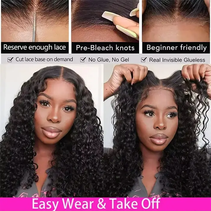 Perruque Bling Hair 180 Density Deep Wave 5x5 sans colle, cheveux humains prêts à porter, avec closu