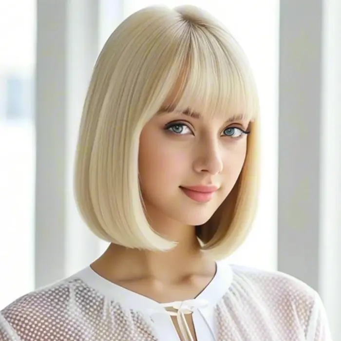 Luxueuse perruque synthétique à frange dorée de 12 pouces avec une texture élégante et volumineuse pour un usage quotidien et une occasion spéciale.