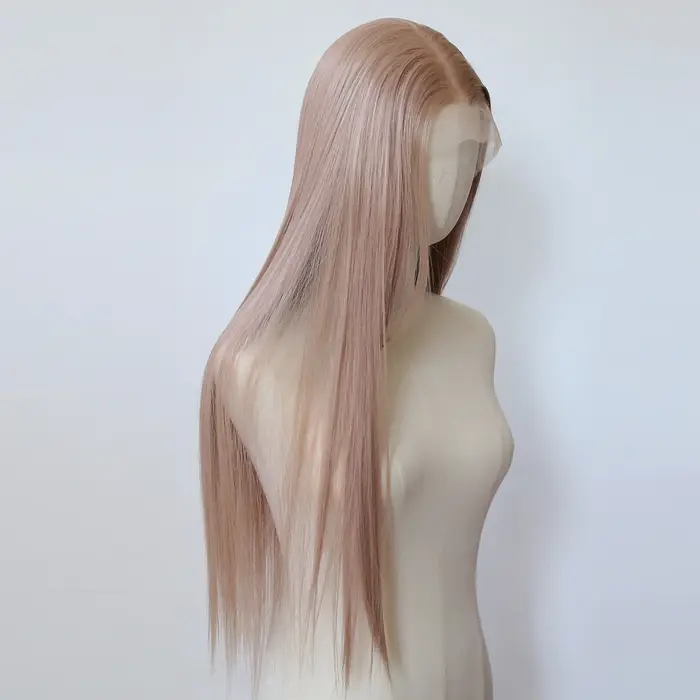 Perruque Lace Front Wig synthétique Rose, perruque synthétique longue et lisse, rose brumeux, pre-pl