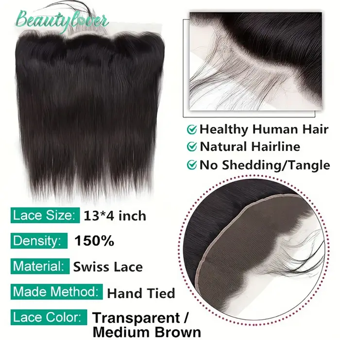 Perruque Lace Closure Brésilienne Naturelle, Cheveux Lisses, 13x4, 2x6, Pre-Plucked, Suisse, 24 Pouc