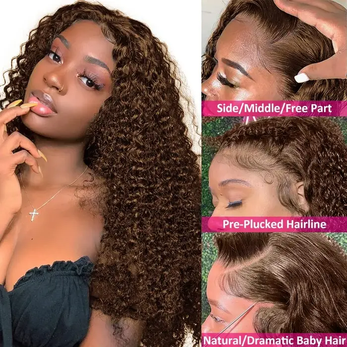 Perruque Deep Wave Lace Front Wig Remy naturelle, cheveux bouclés, brun chocolat, 13x6 HD, 13x4, 180