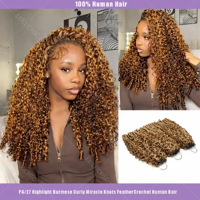 Cheveux humains bouclés birmans pour crochet # P4/27 Blonde avec mèches brunes Omber Miracle Knots F