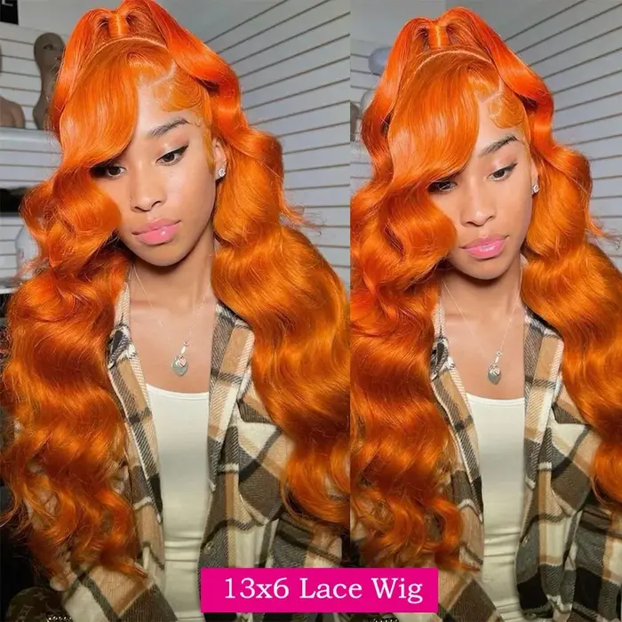 Perruque Lace Front HD 13x6 en Cheveux Humains, Ondulation Body Wave, Couleur Gingembre Orange, Dens
