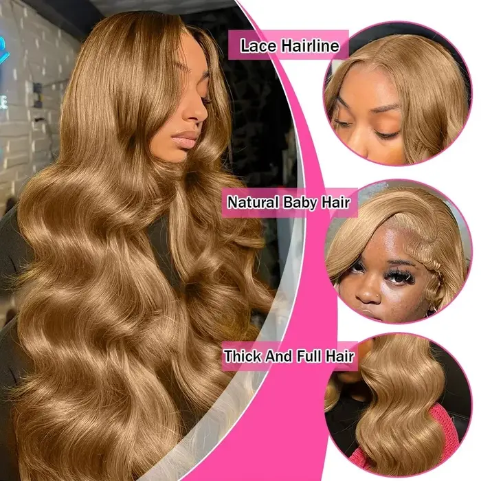 Perruque Lace Front HD 28 pouces en cheveux humains blond miel 13x4, densité 180%, couleur blond mie