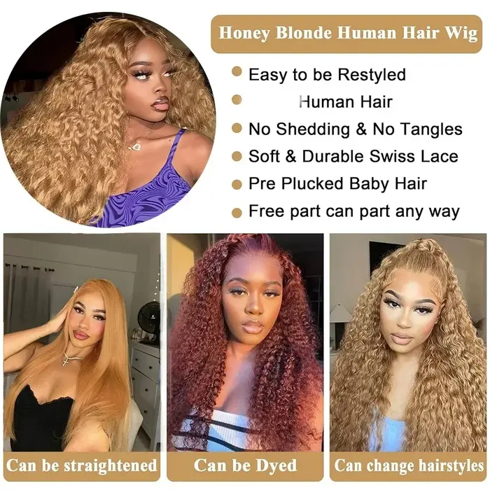 # 27 couleur lâche vague profonde dentelle avant perruques cheveux humains miel blond 13x6 HD Transp